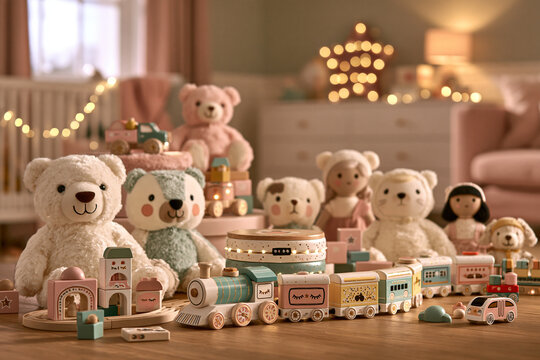 A cozy nursery floor filled with charming wooden toy trains plush teddy bears and whimsical dolls illuminated by soft warm fairy lights that create a magical and nostalgic play atmosphere