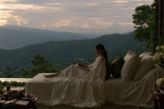 A woman in a flowing white dress sits on an outdoor daybed at dusk writing in a notebook while overlooking a serene mountainous landscape under a soft dramatic sunset sky