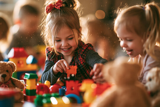 Two joyful young children are deeply engaged in play building colorful structures with plastic blocks surrounded by plush teddy bears in a warm glowing and magical indoor environment