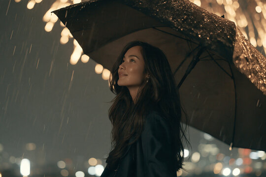 A graceful woman with long dark hair smiles gently while holding an umbrella during a soft rainy night illuminated by the warm blurred bokeh lights of a distant city skyline