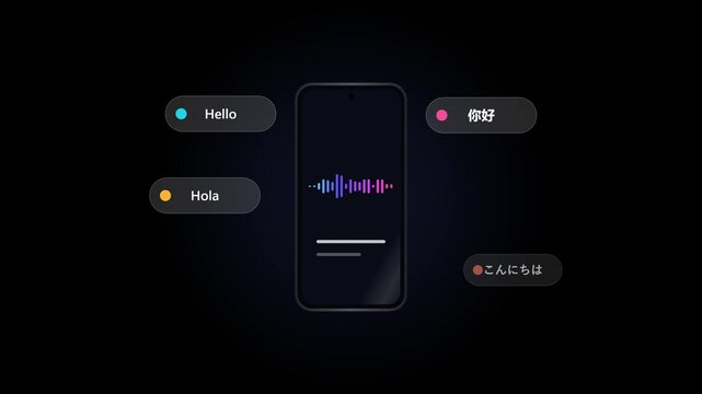 Animated smartphone translator displays greetings in multiple languages with a pulsing audio waveform