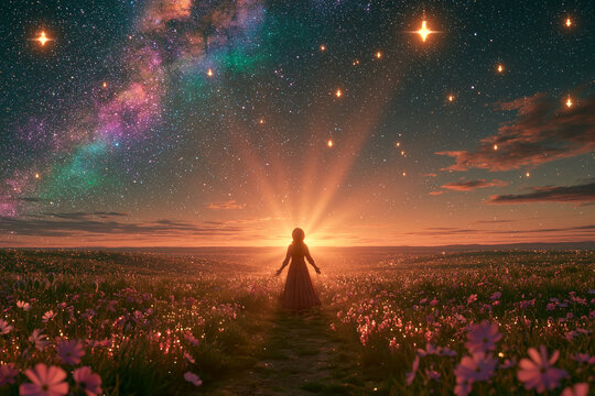 A silhouette of a woman in a flowing dress stands amidst a radiant starlit meadow arms outstretched toward a breathtaking cosmic sunset surrounded by glowing flowers under a starry sky