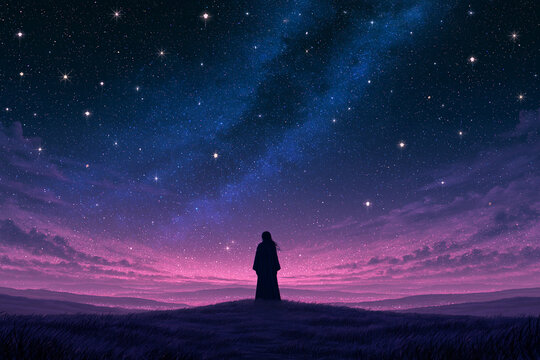 A solitary figure in a flowing dark cloak stands atop a grassy hill gazing upward at a breathtaking night sky filled with a vibrant purple nebula and a dense sparkling star filled galaxy