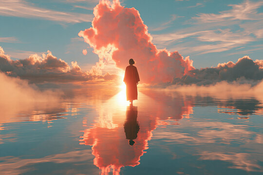 A silhouette of a figure walks across a serene mirror like water surface towards a brilliant sunrise framed by dramatic glowing pink clouds that reflect perfectly in the calm expanse below