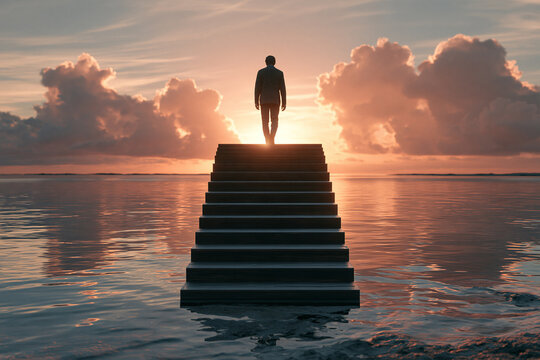 A man in a suit stands atop a staircase rising from the calm reflective water towards a golden sunset symbolizing ambition success and the journey toward a bright hopeful horizon