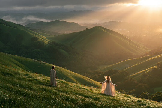 Two figures in flowing white robes stand on a lush rolling green hillside at sunset bathed in golden light that highlights the mist covered valleys and dramatic cloud filled sky above