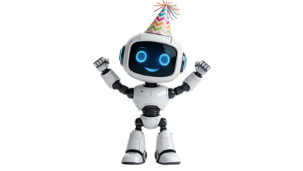 Lamas personalizadas con tu foto Small white humanoid robot wearing a colorful chevron pattern party hat