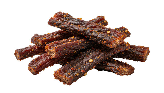 Spicy seasoned beef jerky strips with chili flakes and sesame seeds