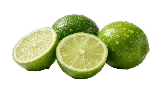 Fresh whole and halved green limes with water droplets