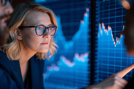 A focused woman with blonde hair and glasses intensely observes glowing blue financial charts on a large screen while a colleague points out specific market trends during a collaborative session