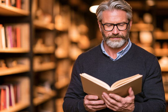 A sophisticated middle aged man with gray hair and a beard wearing glasses and a dark sweater is deeply focused on reading an open book inside a dimly lit cozy and atmospheric library