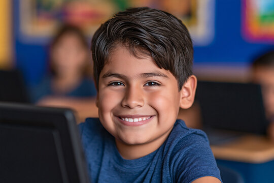 A young boy with dark hair and a bright smile sits in a classroom looking directly at the camera while using a laptop computer embodying a joyful and focused student in a learning environment