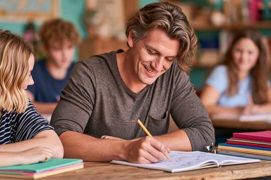 A friendly male teacher smiles while helping a young female student with her studies writing in an open notebook at a wooden table in a classroom setting with other students in the background