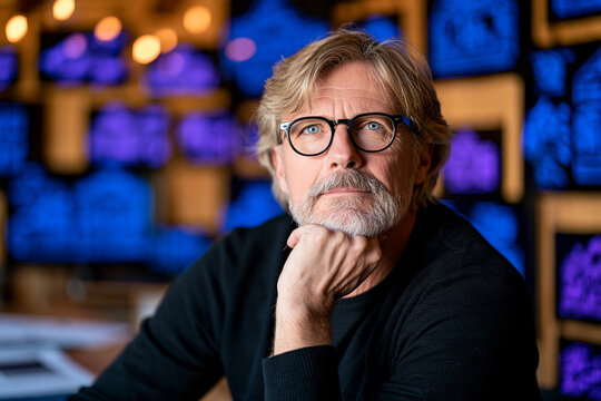 A sophisticated middle aged man with graying hair and beard wearing glasses rests his chin on his hand He sits in a dim office filled with glowing blue screens looking pensive and focused