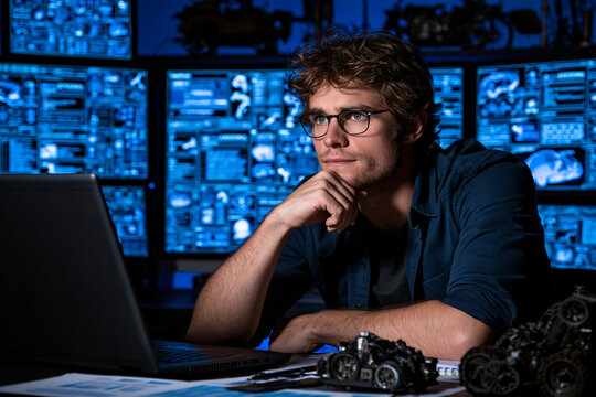 A young thoughtful man with glasses sits at a desk in a dark room surrounded by glowing blue computer screens deep in concentration while working on a complex technical project