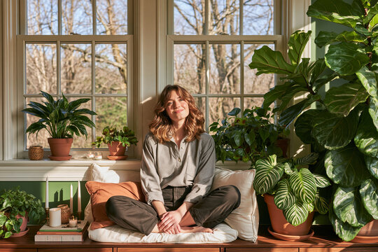 A relaxed young woman sits cross legged on a cozy window bench surrounded by lush indoor plants bathed in the warm golden light of a late afternoon sun streaming through the large windows