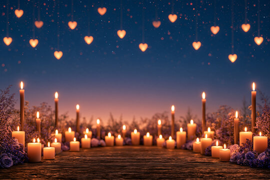A romantic outdoor scene at dusk featuring glowing candles arranged on a weathered wooden surface with delicate hanging heart shaped lights against a soft purple and blue twilight sky