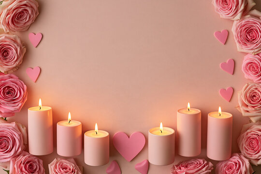 A soft pastel pink romantic scene featuring a horizontal arrangement of five glowing pillar candles and fresh pink roses framing the edges with scattered hearts on a smooth surface background