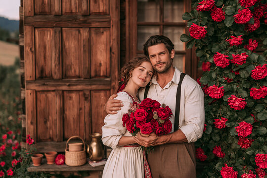 A romantic couple in vintage rustic attire poses tenderly before a wooden cottage surrounded by vibrant blooming red roses holding a lush bouquet together in an idyllic country setting