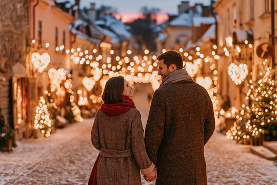 A loving couple walks hand in hand down a charming snow covered cobblestone street at dusk surrounded by warm glowing heart shaped Christmas lights and festive decorations
