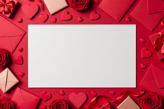 A flat lay photograph featuring a blank rectangular white card surrounded by red roses gift boxes red envelopes and scattered heart shaped decorations on a vibrant red background