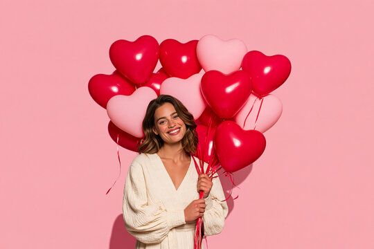 A radiant woman with wavy hair smiles warmly while holding a large bunch of vibrant red and soft pink heart shaped balloons against a solid pastel pink background