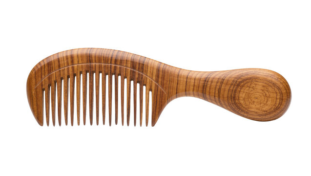 Polished natural wooden hair comb with curved handle and fine teeth