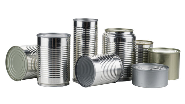 Group of empty cylindrical metal food cans with ribbed and smooth surfaces