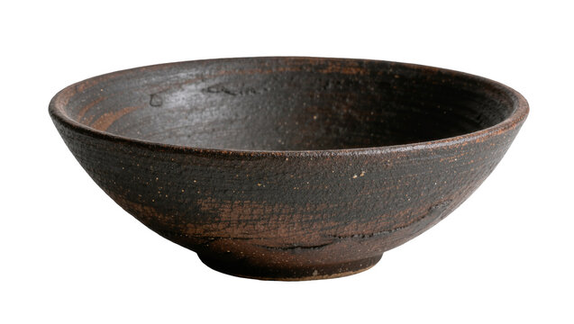 Handmade rustic dark brown ceramic bowl with textured clay surface