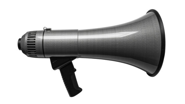 Grey metallic handheld megaphone with black handle and speaker rim