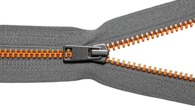 Grey fabric zipper with orange plastic teeth and metal slider pull