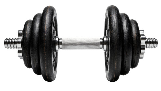 Heavy black cast iron adjustable dumbbell with chrome knurled steel handle