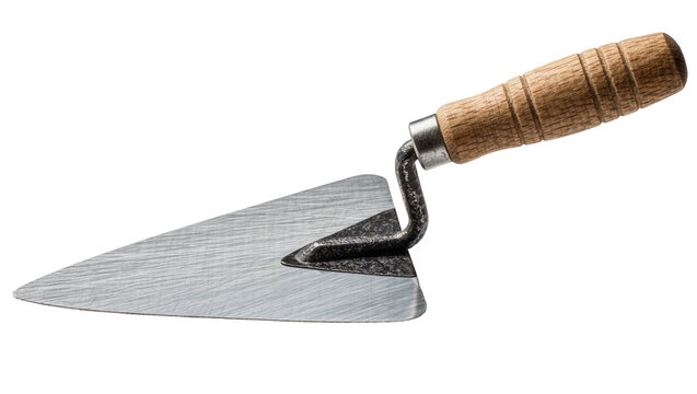 Steel masonry trowel with a wooden handle for construction and bricklaying work