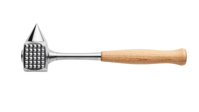 Dual-sided metal meat tenderizer mallet with a wooden handle