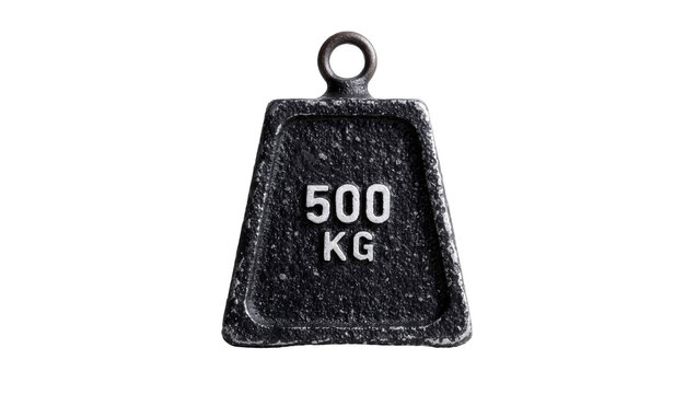 Heavy black cast iron weight with 500 kg inscription and metal handle