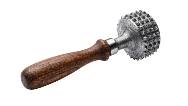 Metal meat tenderizer hammer with a textured spiked head and wooden handle
