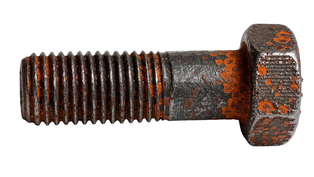 Rusty metal hex bolt with threaded shaft and hexagonal head