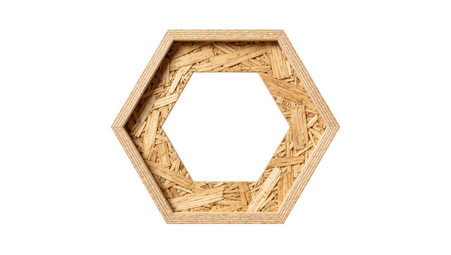 Hexagonal frame made of oriented strand board with textured wooden surface