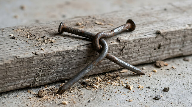 Two rusty nails cross on weathered wooden plank, gray surface.