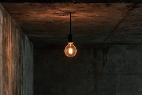 a single light bulb hanging inside an empty underground survival 