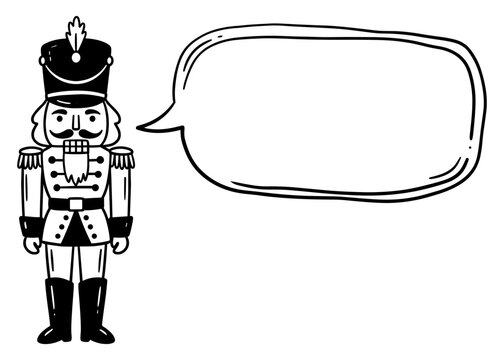 Classic nutcracker soldier with speech bubble vector outline illustration