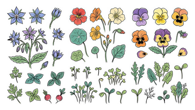Hand drawn botanical set of edible flowers, borage, nasturtium, pansy, with microgreens and herb leaves illustration collection.