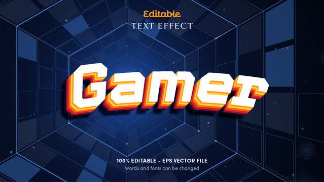 Gamer retro text effect with white letters, orange keyline and stacked fire shadow on a navy hexagon tunnel