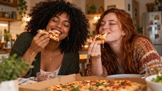 Diverse young roommates biting into pizza slices and enjoying meal together at home