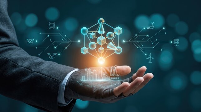 Futuristic business technology concept, businessman hand holding holographic smart city and network data cube interface, artificial intelligence, digital transformation