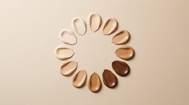 Circle of liquid foundation makeup swatches in various skin tone shades. neutral foundation shade