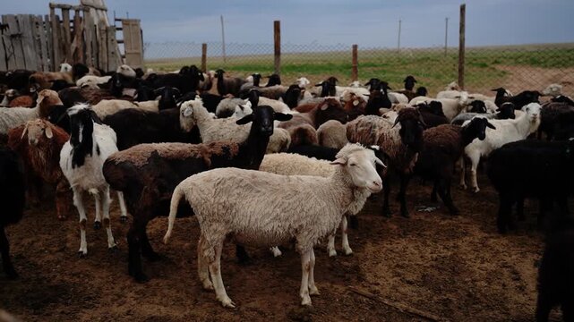 Flock of sheep and goats gathered in dirt corral