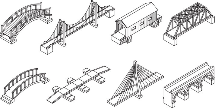 Set of Various Isometric Bridge Types Including Suspension Arch Covered Truss and Cable Stayed Designs for Architectural Projects