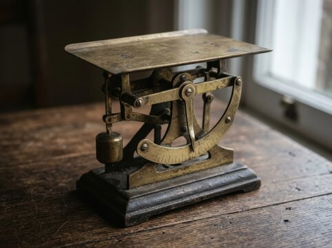 vintage brass envelope scale Vintage metal weighing scale on wooden table near window light