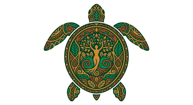 Turtle shell illustration features a tree of life design with intricate details